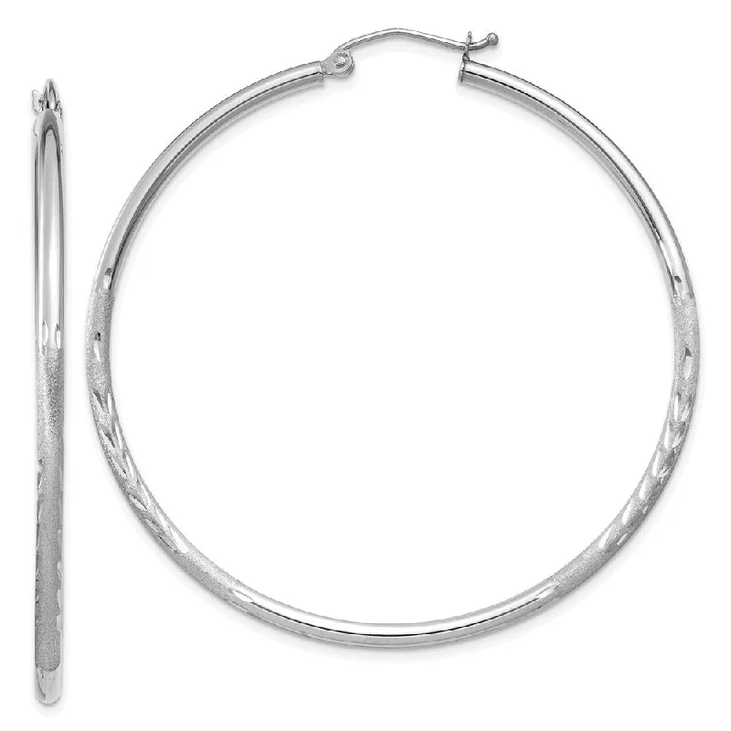 14k White Gold Satin Diamond-cut 2mm Round Hoop Earrings (L-50 mm, W-2 mm)