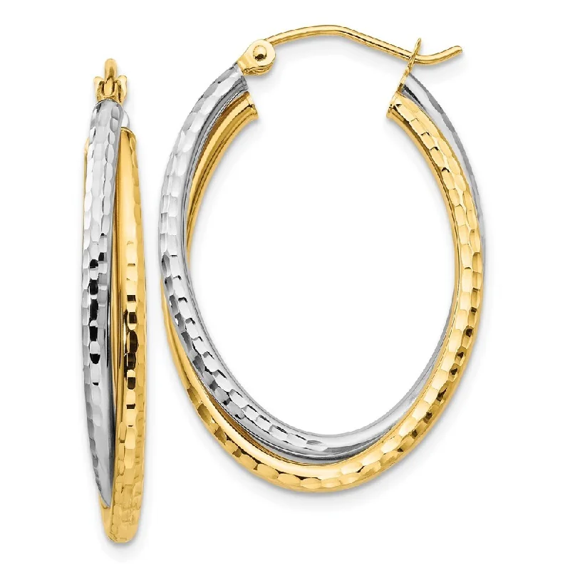 14k Yellow and White Gold Diamond-cut Oval Hoop Earrings (L-17 mm, W-5 mm)