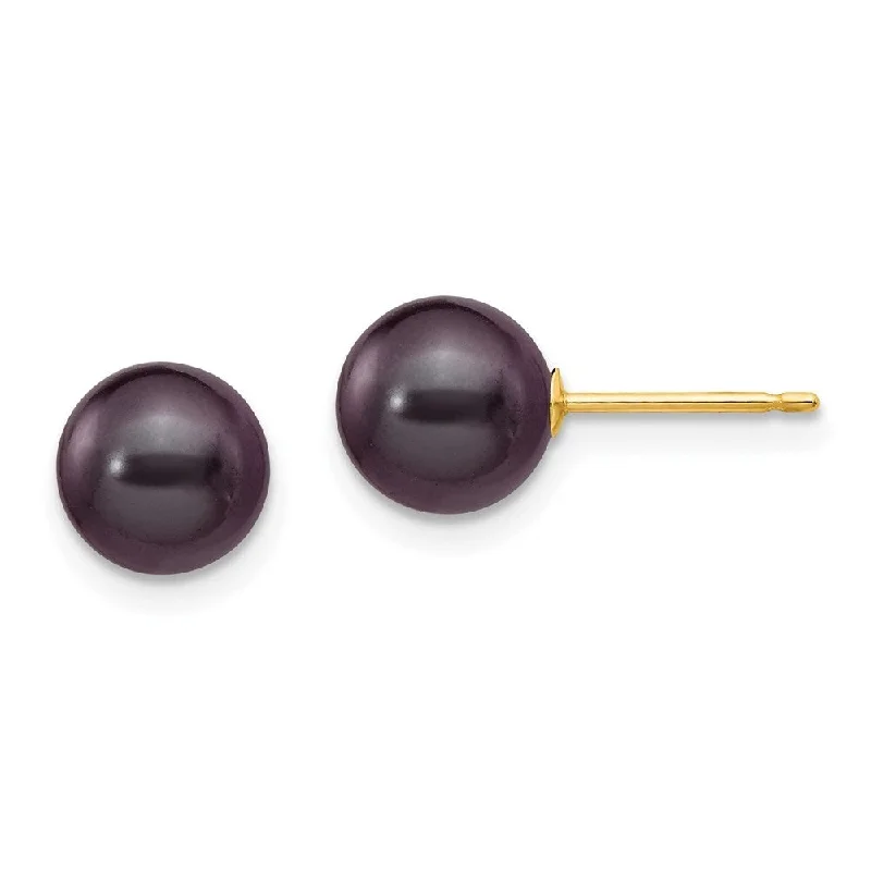 14k Yellow Gold Black Round Cultured Pearl Stud Earrings (L-7 mm, W-8 mm)