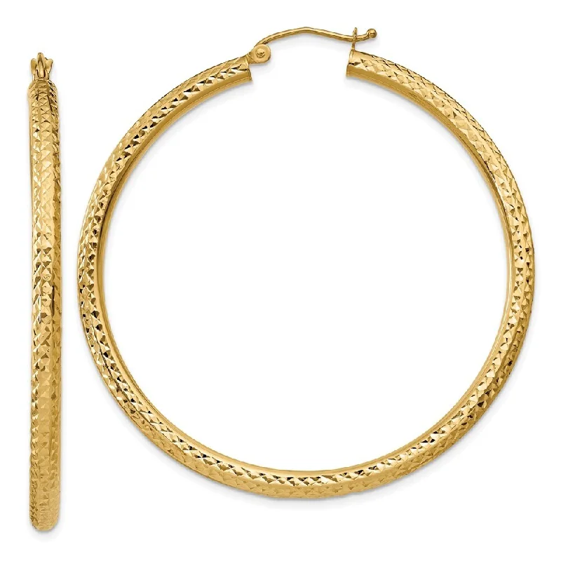 14k Yellow Gold Diamond-cut Round Hoop Earrings (L-50 mm, W-3 mm)