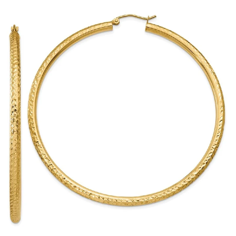 14k Yellow Gold Diamond-cut Round Hoop Earrings (L-65 mm, W-3 mm)