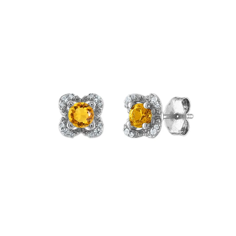 4MM Round Citrine and White Sapphire Birthstone Flower Halo Earrings in Sterling Silver