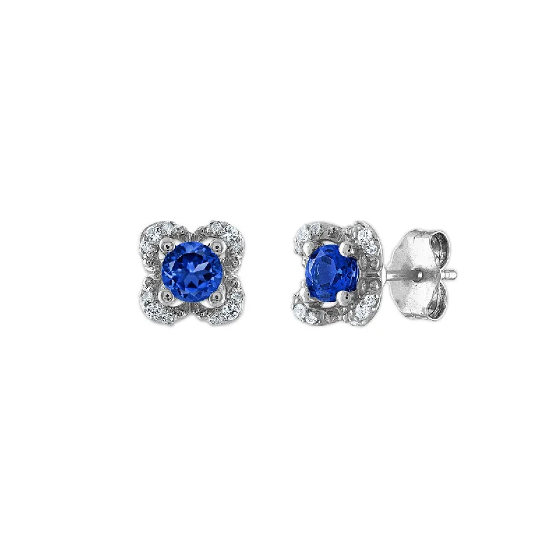 4MM Round Sapphire and White Sapphire Birthstone Flower Halo Earrings in Sterling Silver