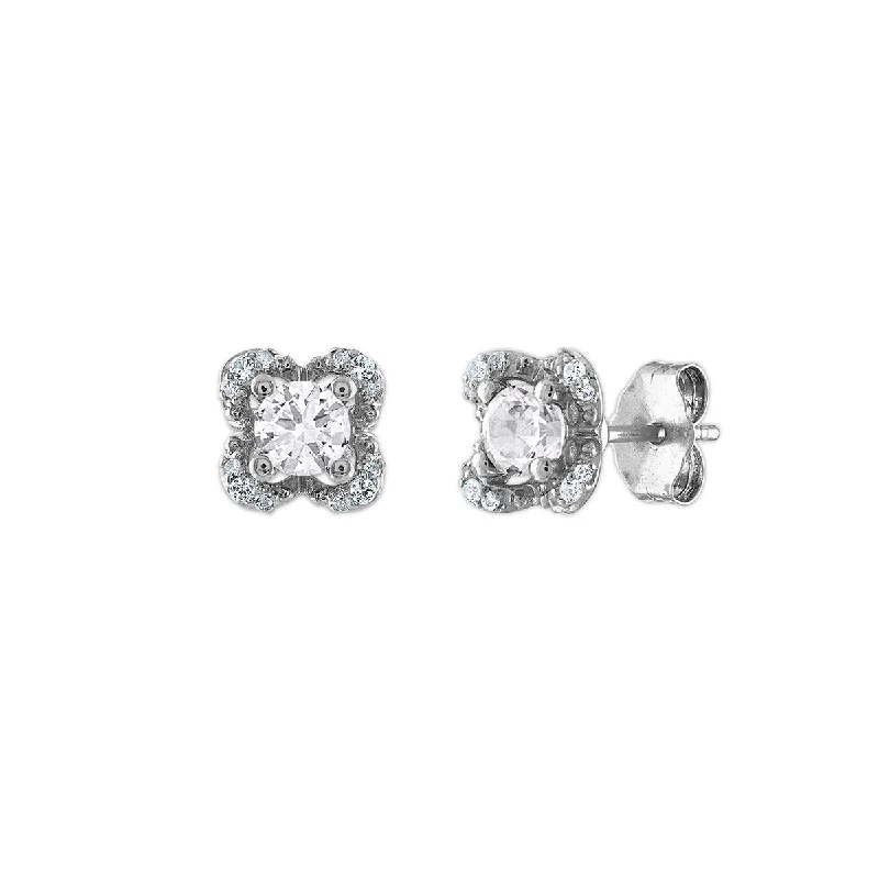 4MM Round White Topaz and White Sapphire Birthstone Flower Halo Earrings in Sterling Silver