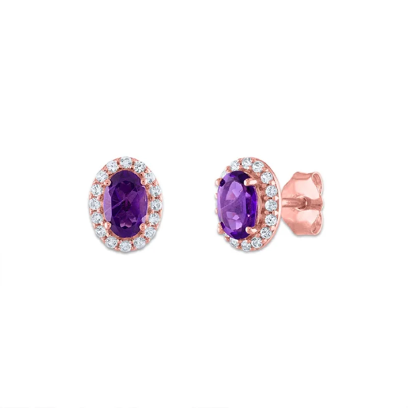 6X4MM Oval Amethyst and Sapphire Birthstone Halo Stud Earrings in 10KT Rose Gold