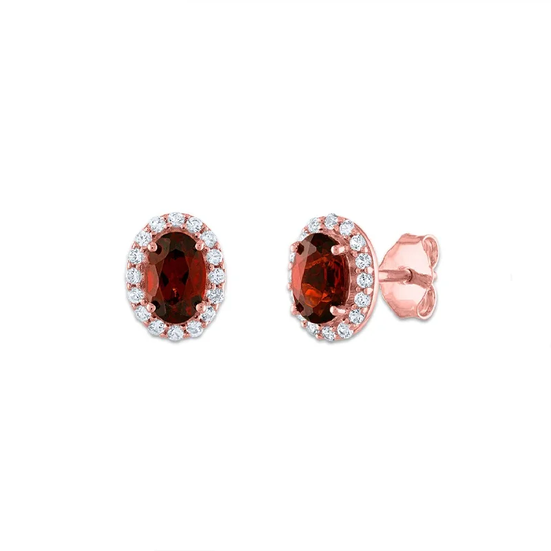 6X4MM Oval Garnet and Sapphire Birthstone Halo Stud Earrings in 10KT Rose Gold