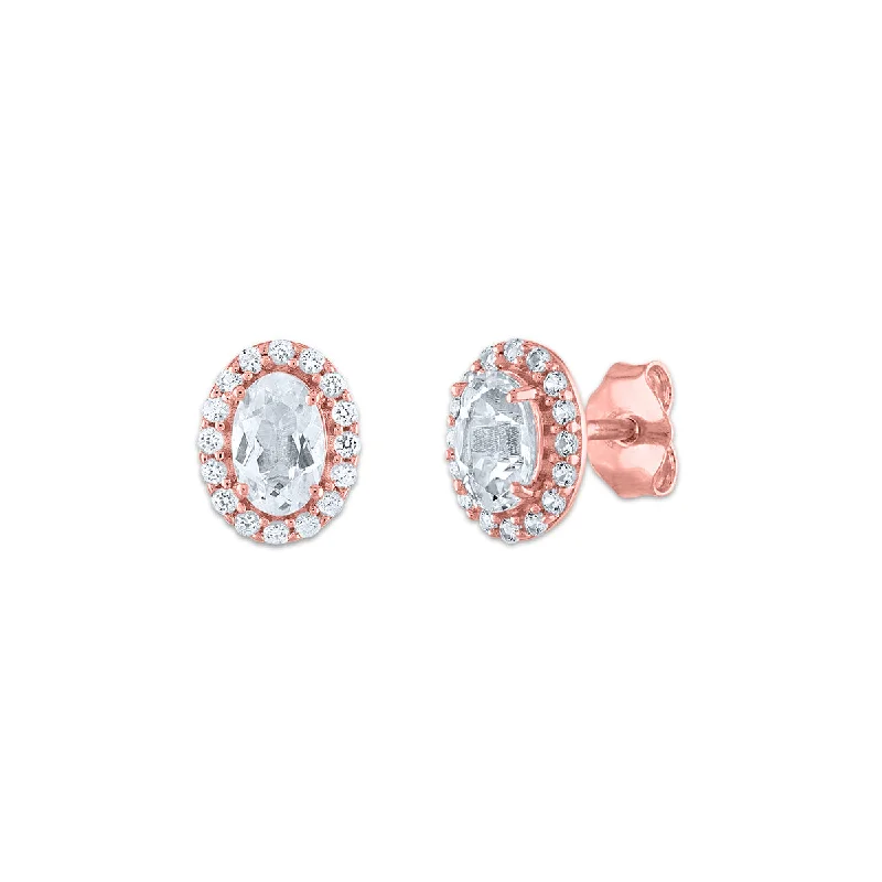 6X4MM Oval Topaz and Sapphire Birthstone Halo Stud Earrings in 10KT Rose Gold