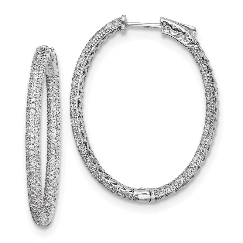 925 Sterling Silver Pave Cubic Zirconia Hinged Oval Hoop Earrings (L-38 mm, W-29 mm)