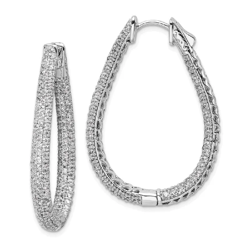 925 Sterling Silver Rhodium-plated CZ Teardrop Hinged Hoop Earrings (L-37 mm, W-29 mm)