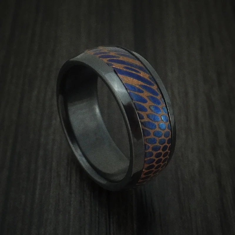 Black Zirconium and Anodized Etched Superconductor Men's Ring Custom Made Titanium-Niobium and Copper Band