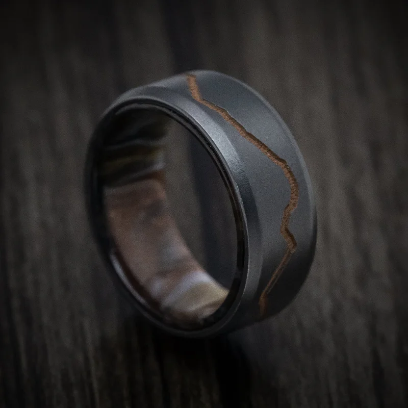 Black Zirconium and DiamondCast Sleeve Men's Ring with Cerakote Mountain Design Custom Made