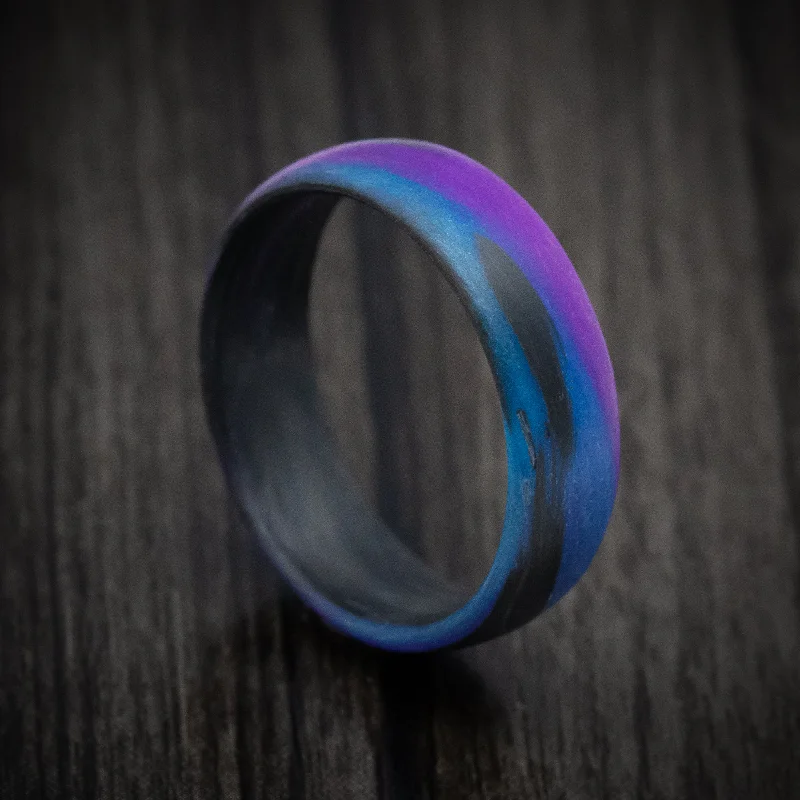 Carbon Fiber Men's Ring with Purple and Blue Glow Marbled Design