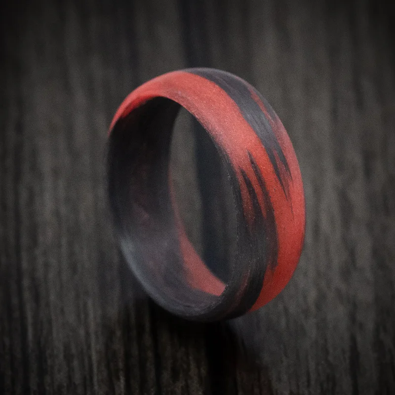 Carbon Fiber Men's Ring with Red Glow Marbled Design