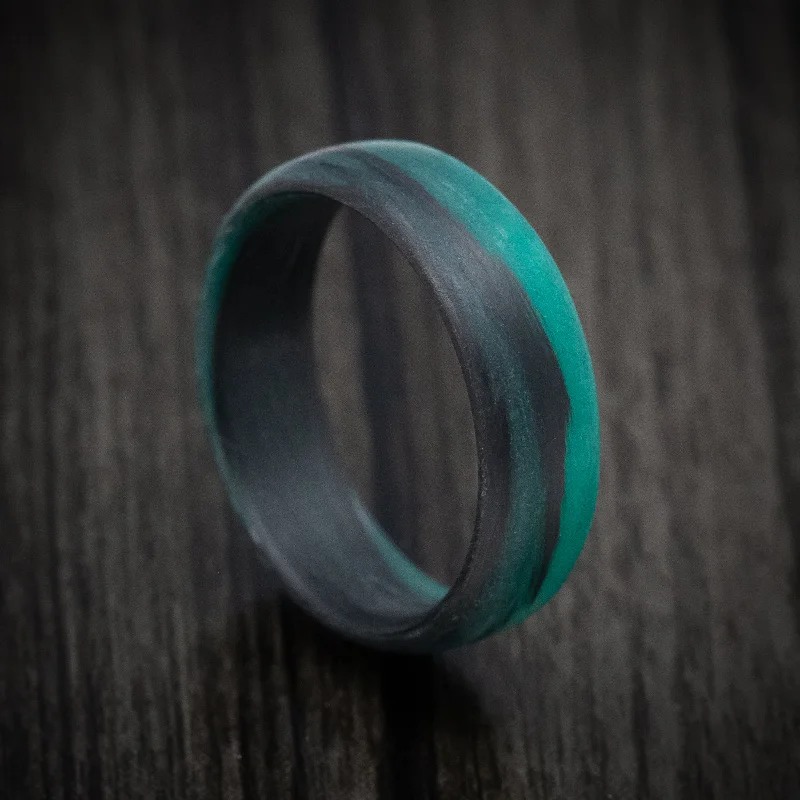 Carbon Fiber Men's Ring with Teal Glow Marbled Design