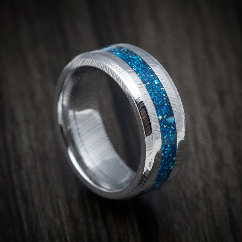 Damascus Steel and DiamondCast Inlay Men's Ring Custom Made