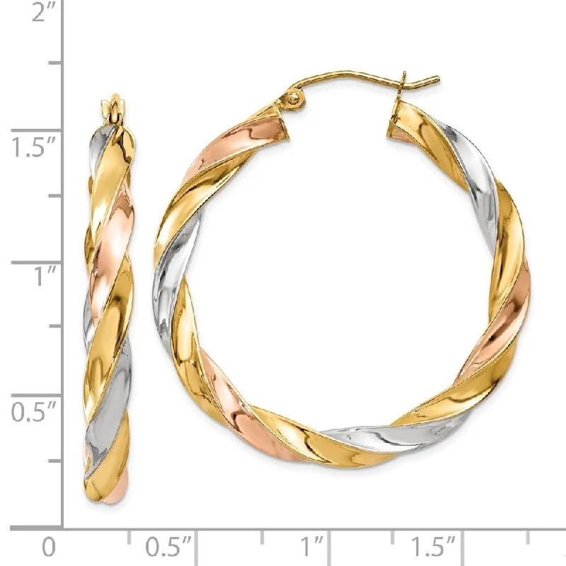 Diamond2Deal 14K Tri-Color Gold Light Twisted Hoop Earrings (L-34 mm, W-36 mm)