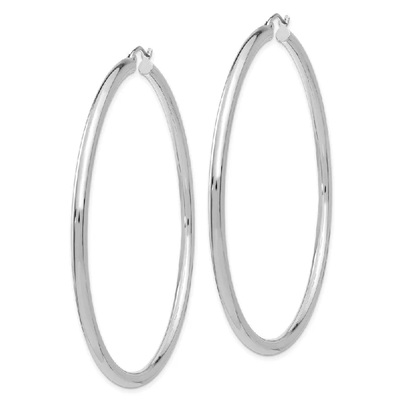 Diamond2Deal 14K White Gold Polished 3mm Lightweight Tube Hoop Earrings (L- 65 mm, W- 3 mm)