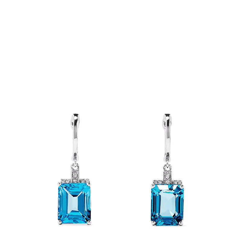 14K White Gold Emerald Cut Blue Topaz and Diamond Drop Earrings, 9.25 TCW