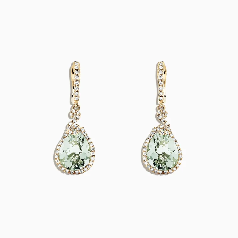 14K Yellow Gold Green Amethyst and Diamond Drop Earrings, 7.03 TCW