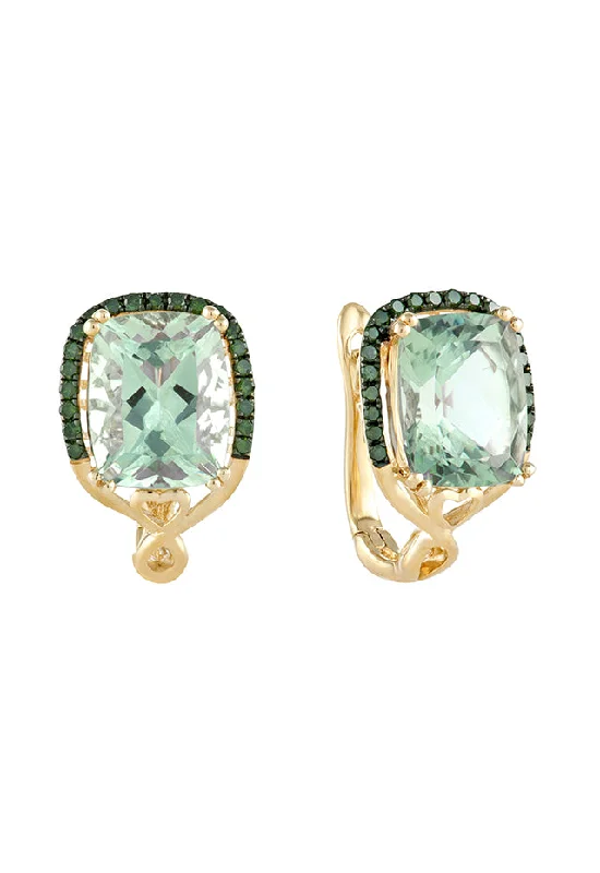 14K Yellow Gold Green Amethyst and Diamond Earrings, 5.80 TCW