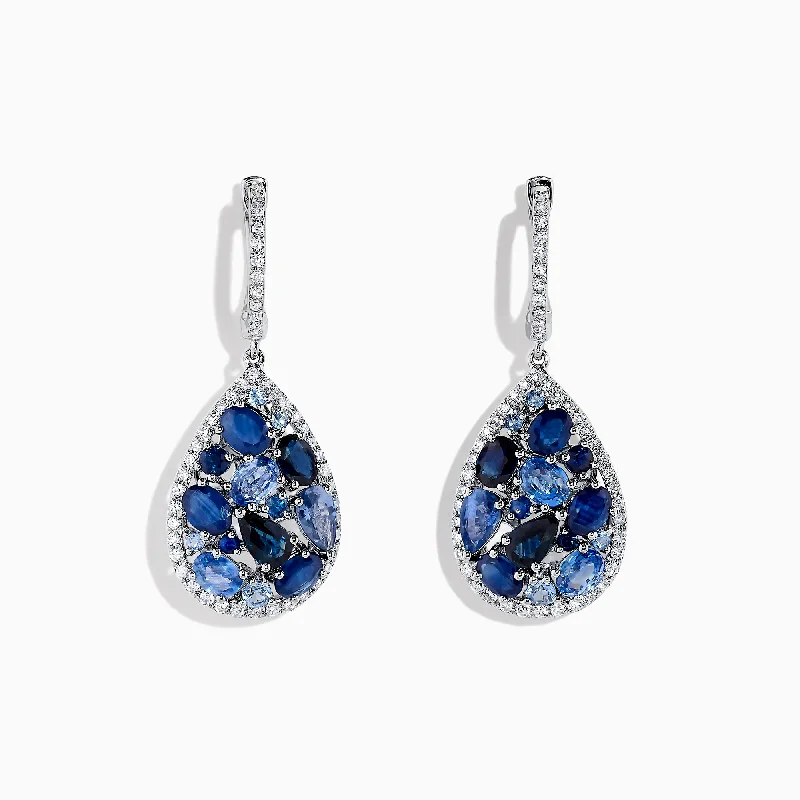 14K White Gold Sapphire and Diamond Teardrop Earrings, 4.31 TCW