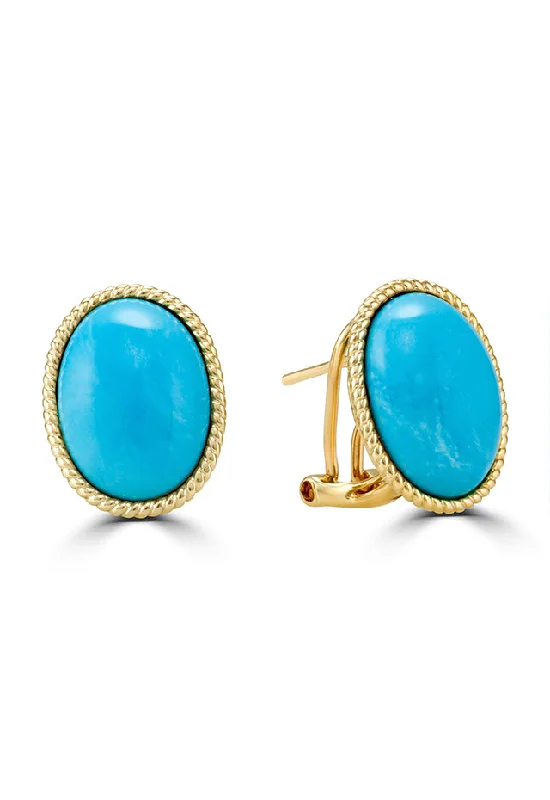 14K Yellow Gold Oval Turquoise Earrings, 13.40 TCW