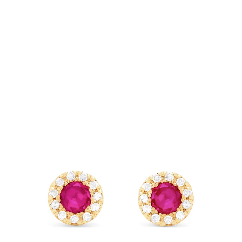 Ruby Royale 14K Yellow Gold Round Diamond Halo Ruby Stud Earrings, 0.47 TCW