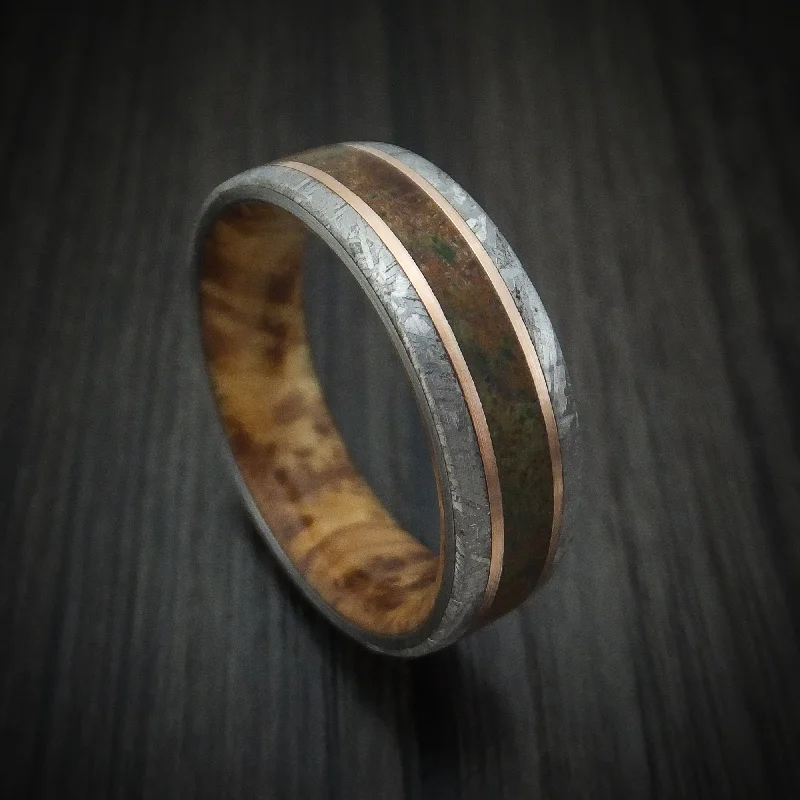 Gibeon Meteorite and Dinosaur Men's Ring with 14k Rose Gold and Wood Sleeve Custom Made