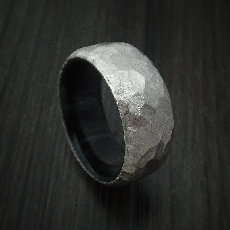 Inconel and Charcoal Wood Sleeve Men's Ring Rock Hammer Finish Custom Made Band