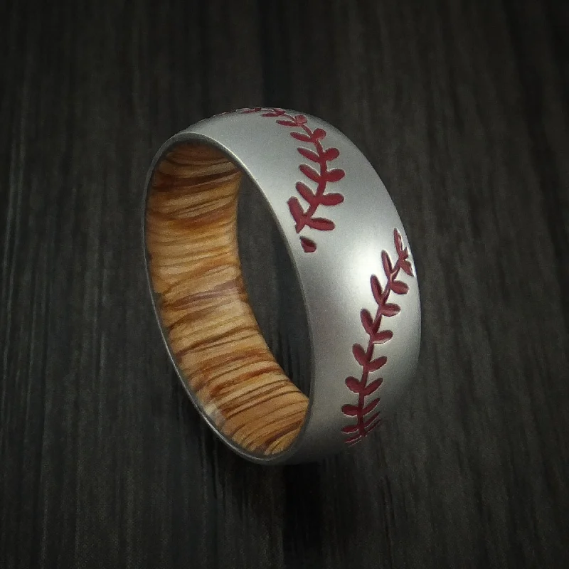 Inconel Double Stitch Baseball Men's Ring with Wood Sleeve and Bead Blast Finish