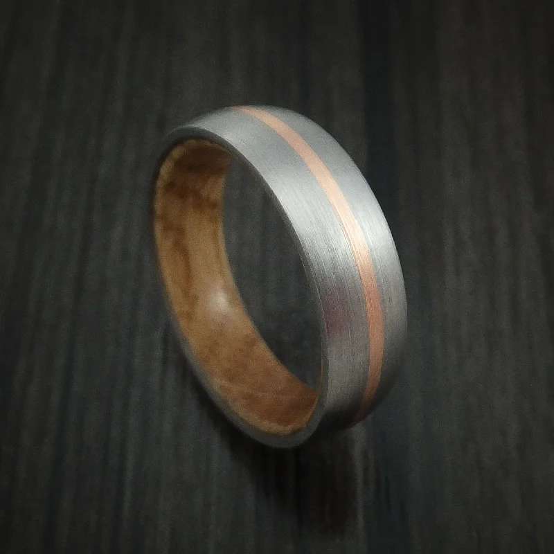 Inconel Men's Ring with 14k Rose Gold Inlay and Whiskey Barrel Wood Sleeve