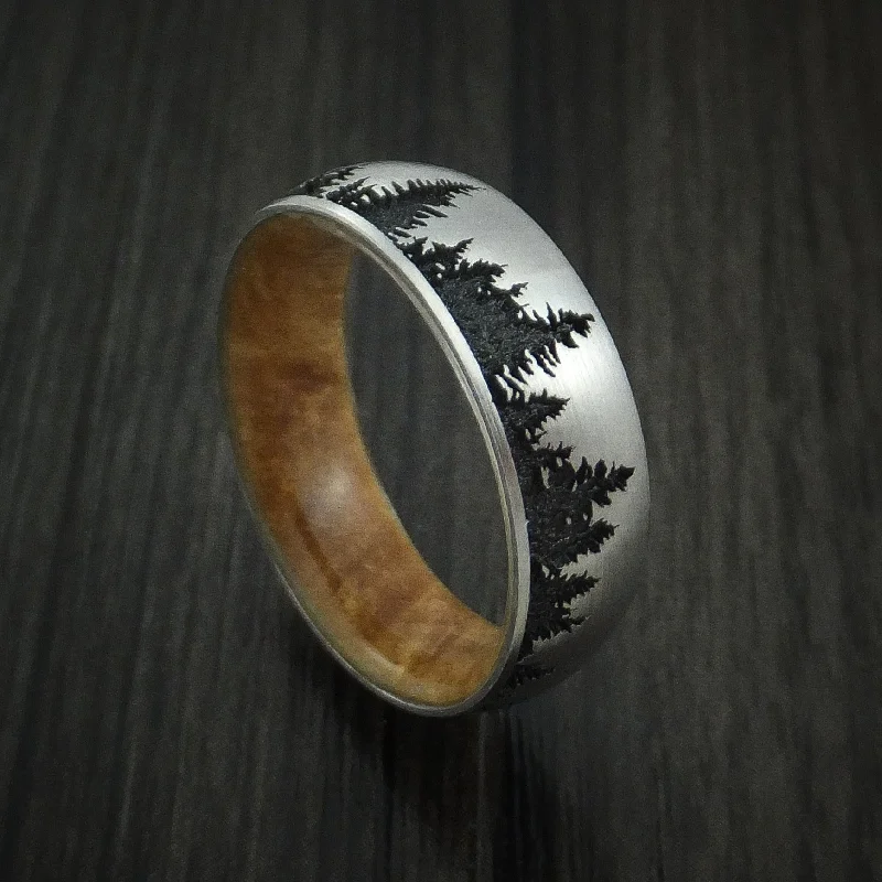 Inconel Men's Ring with Spruce Pine Tree Design and Hardwood Sleeve Custom Made Band