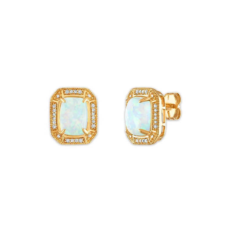 LoveSong 8X6MM Cushion Opal and Diamond Halo Earrings in 10KT Yellow Gold