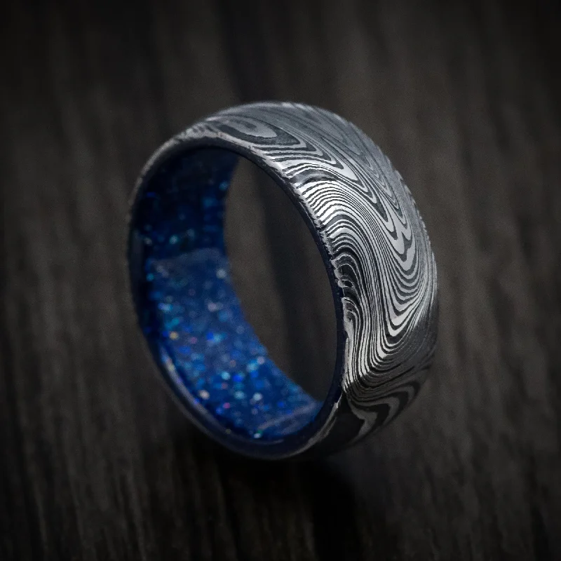 Marble Kuro Damascus Steel and DiamondCast Sleeve Men's Ring Custom Made