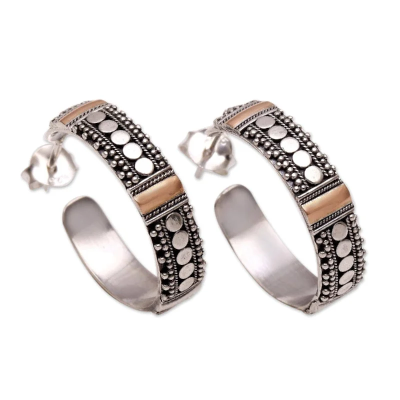 NOVICA Bun Loops, Gold accented sterling silver half-hoop earrings