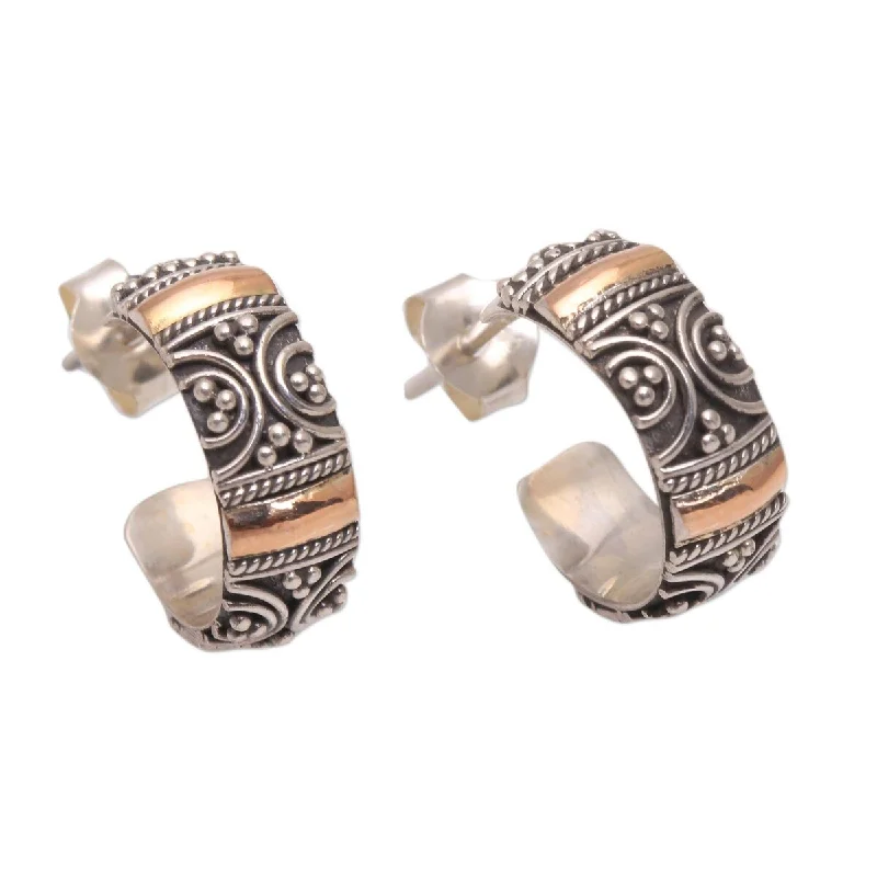 NOVICA Curling Paths, Gold accented sterling silver half-hoop earrings - 0.6*0.2