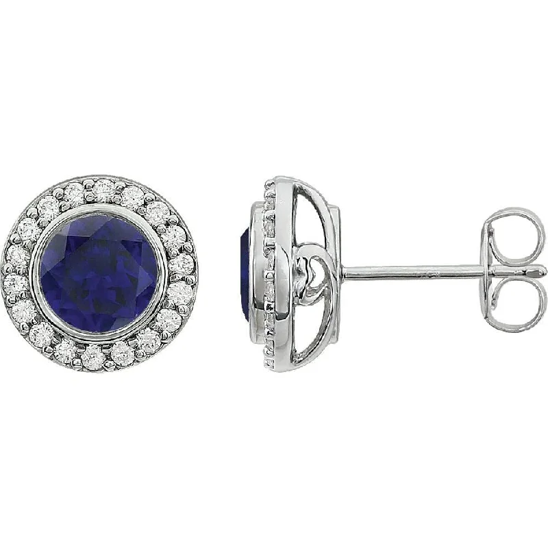 Sterling Silver 6 mm Round Dark Blue Cubic Zirconia Halo-Style Stud Earring for Women