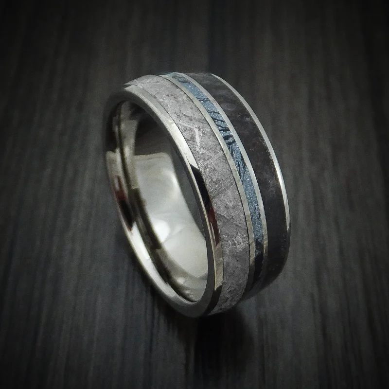 Titanium Men's Ring with Dinosaur Bone and Gibeon Meteorite and SpectraMokume Inlay Custom Made Band