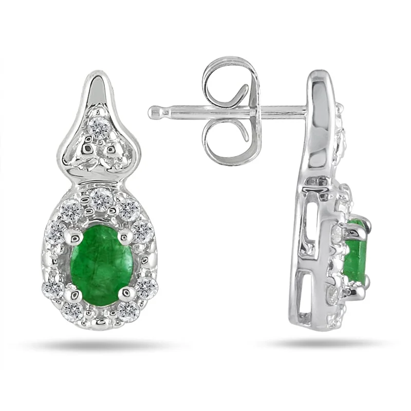 Marquee 10k White Gold Emerald and 1/6ct TDW Diamond Earrings (I-J, I1-I2)