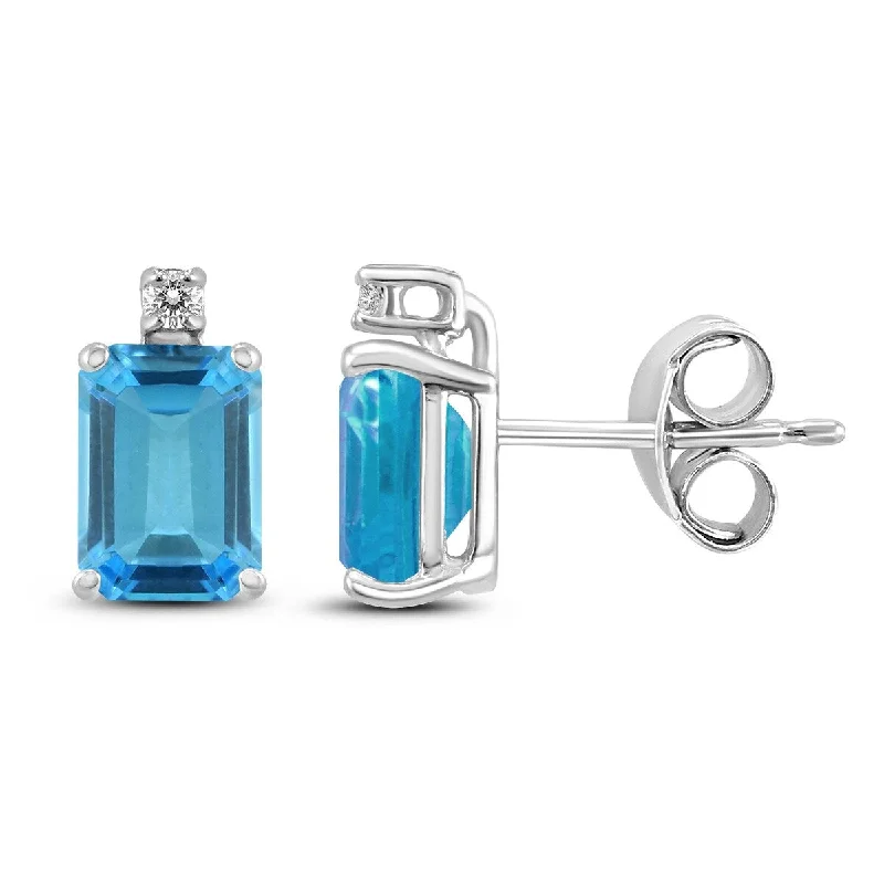 Marquee 14K White Gold 6x4MM Emerald Shaped Blue Topaz and Diamond Earrings