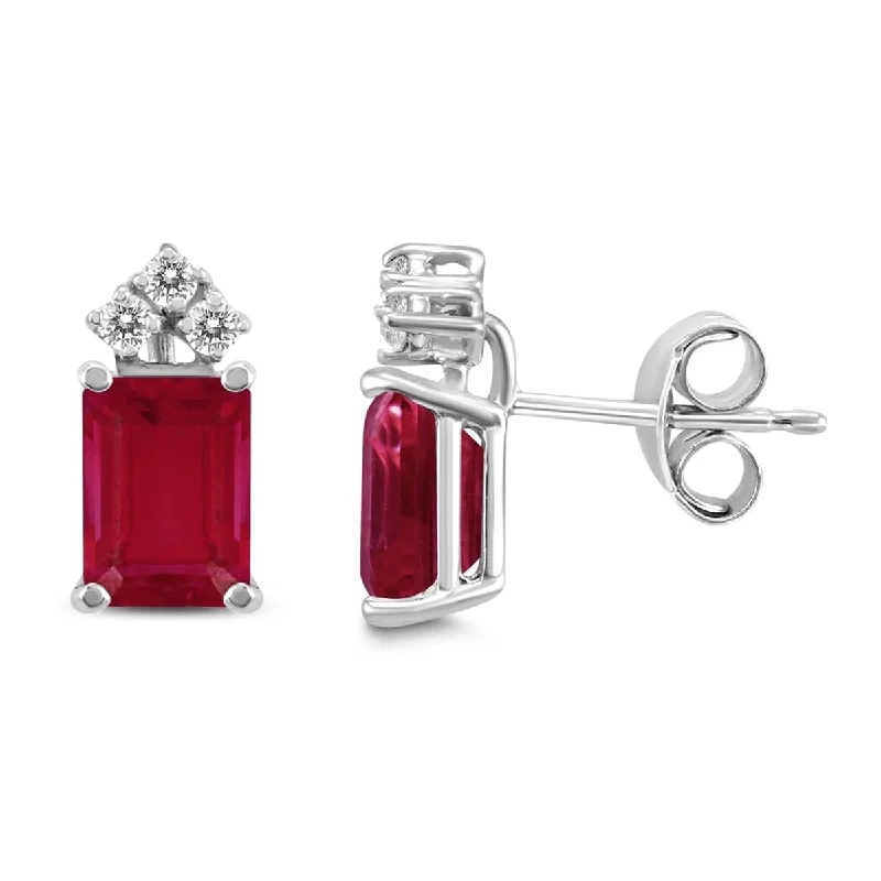 Marquee 14K White Gold 6x4MM Emerald Shaped Ruby and Diamond Earrings