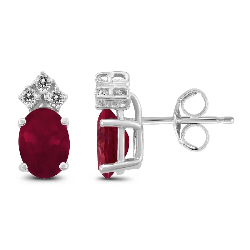 Marquee 14K White Gold 6x4MM Oval Ruby and Diamond Earrings