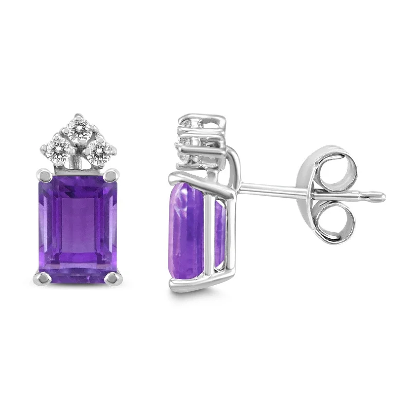 Marquee 14K White Gold 7x5MM Emerald Shaped Amethyst and Diamond Earrings