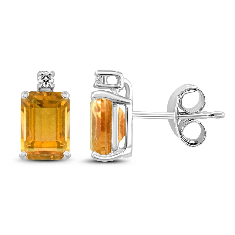 Marquee 14K White Gold 7x5MM Emerald Shaped Citrine and Diamond Earrings