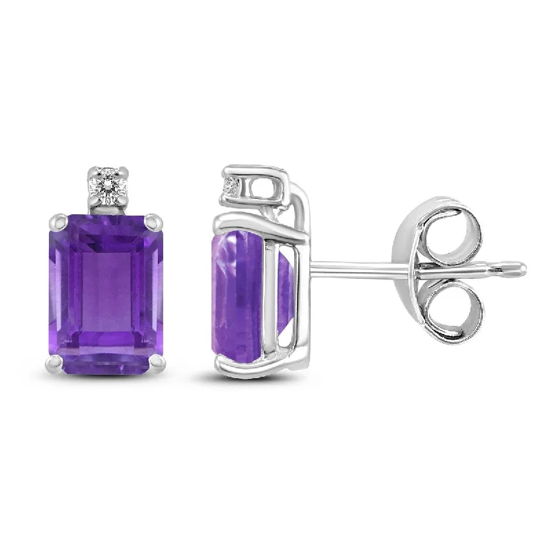 Marquee 14K White Gold 8x6MM Emerald Shaped Amethyst and Diamond Earrings