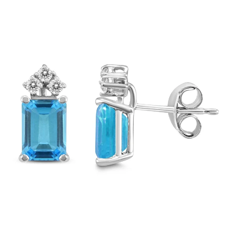 Marquee 14K White Gold 8x6MM Emerald Shaped Blue Topaz and Diamond Earrings