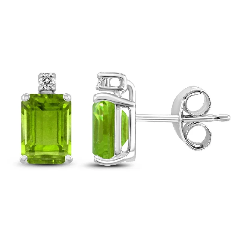 Marquee 14K White Gold 8x6MM Emerald Shaped Peridot and Diamond Earrings