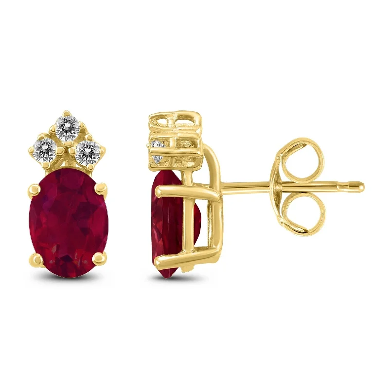 Marquee 14K Yellow Gold 5x3MM Oval Ruby and Diamond Earrings