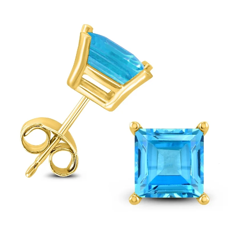 Marquee 14K Yellow Gold 6MM Square Blue Topaz Earrings