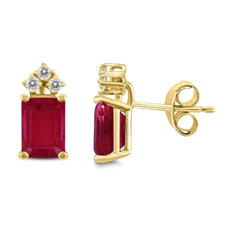 Marquee 14K Yellow Gold 6x4MM Emerald Shaped Ruby and Diamond Earrings